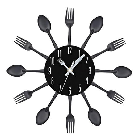 Wall Clock Metal Kitchen Cutlery Utensil Spoon Fork Wall Clock Creative Modern Home Decor - Black, as described