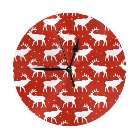 Wall Clock, Red white deers moose winter Wall Clocks Battery Operated Silent Kitchen Office Wall Clock Decorative, Wall Clock for School Classroom Living Room Bedroom Home Decor