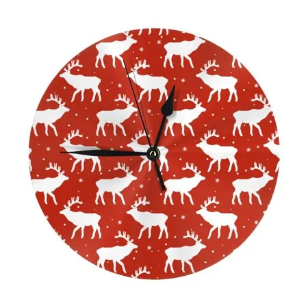 Wall Clock, Red white deers moose winter Wall Clocks Battery Operated Silent Kitchen Office Wall Clock Decorative, Wall Clock for School Classroom Living Room Bedroom Home Decor