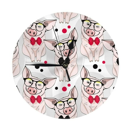 Wall Clocks Battery Operated, Cute Glasses Bow Tie Pig 9.8 Inch Silent Non Ticking Decorative Large Wall Clock, Wall Clock for Living Room Bathroom Kitchen Bedroom Wall Decor