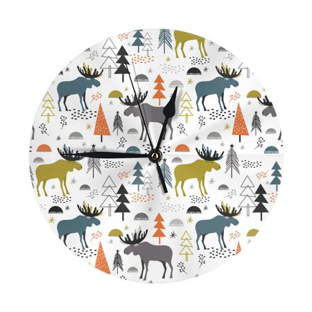 Wall Clocks Battery Operated, moose fores trees cartoon 9.8 Inch Silent Non Ticking Decorative Large Wall Clock, Wall Clock for Living Room Bathroom Kitchen Bedroom Wall Decor