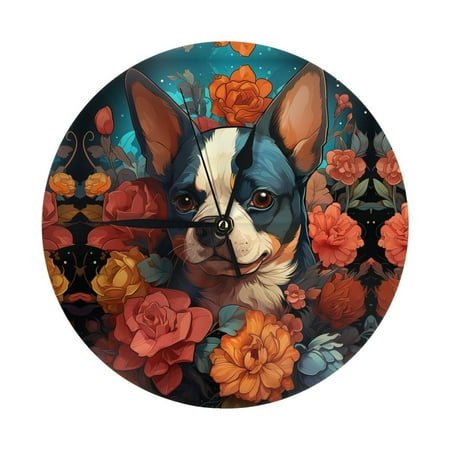 Wall Clocks Battery Operated, Vintage Colorful Flower French Bulldog 9.8 Inch Silent Non Ticking Decorative Large Wall Clock, Wall Clock for Living Room Bathroom Kitchen Bedroom Wall Decor