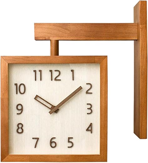 Wall Clock, Simple Silent Non Ticking Square Double Sided Clock Wooden Decorative Corner Clock for Living Room Household (Dark Wood Color)