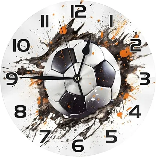 Wall Clock Sports Ball Soccer 10 inch Silent Non-Ticking Round Wall Clocks Battery Operated Quartz Analog Clock for Bedroom Bathroom Kitchen Kids Living Room Decor