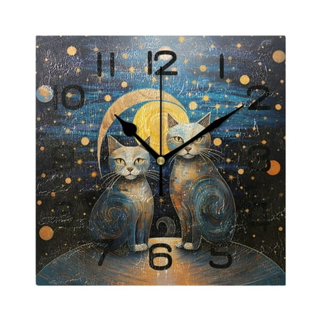 Wall Clock Square Silent Non-Ticking Cat Polka Dots on Nighte Retro Battery Operated Clock 7.78 inch Home Kitchen Office Decoration