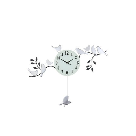 Wall Clock with Birds and Swinging Pendulum in Black and White