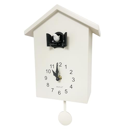 WALPLUS Modern Cuckoo Clocks for Wall Hourly Chiming Coo Coo Clock Volume Adjustable Cookoo Clock Removable Pendulum Christmas Cuckoo Clock Gift White Interior Decoration