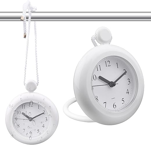 Waterproof Bathroom Shower Clock,Mute Bathroom Clock with a Lanyard and Ring Base Stand,Integrated Design Digital Shower Clock,Analog Quartz Clock Hanging Stand Dual Purpose (White)