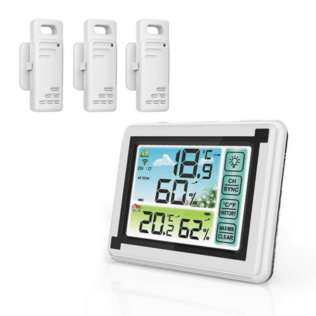 Weather Station, Atomic Clock Digital Touch Screen Indoor Outdoor Thermometer Wireless Temperature Humidity Monitor with Backlight and Calendar, Home Weather Forecast Station, White