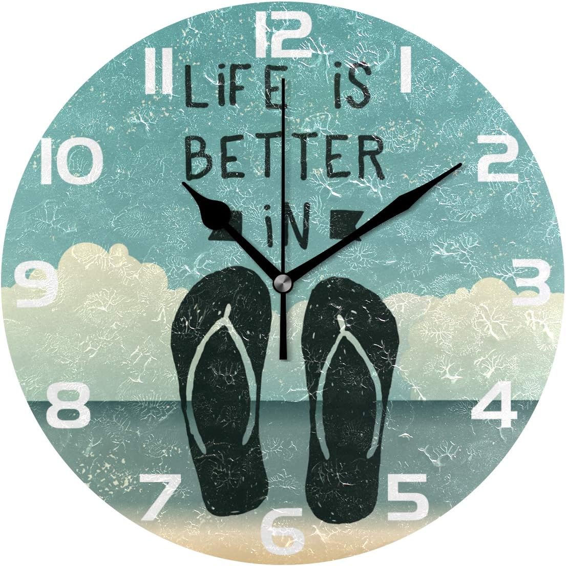 WellLee Vintage Life is Better Flip Flops Summer Seaside Clock Painted Silent Non-Ticking Round Wall Clock Home Art Bedroom Living Dorm Room Decor