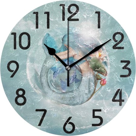 Wellsay 3D Beautiful Mermaid in Soap Bubble Pisces Zodiac Print Round Wall Clock Decorative, 9.5 Inch Battery Operated Quartz Analog Quiet Desk Clock for Home,Office,School