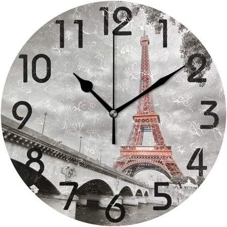 Wellsay 3D Stylish Eiffel Tower Paris in Monochrome Style Round Wall Clock Decorative, 9.5 Inch Battery Operated Quartz Analog Quiet Desk Clock for Home,Office,School