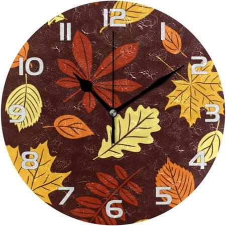 Wellsay Autumn Maple Leaf Wall Clock, Silent Non Ticking Battery Operated Creative Decorative Round Clock for Kitchen, Living Room, Bathroom, Home School Office Decor, 10 Inch