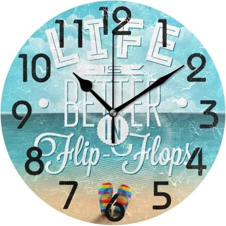 Wellsay Chic Summer Beach Life is Better in Flip-Flops Pattern Round Wall Clock, 9.5 Inch Battery Operated Quartz Analog Quiet Desk Clock for Home,Office,School