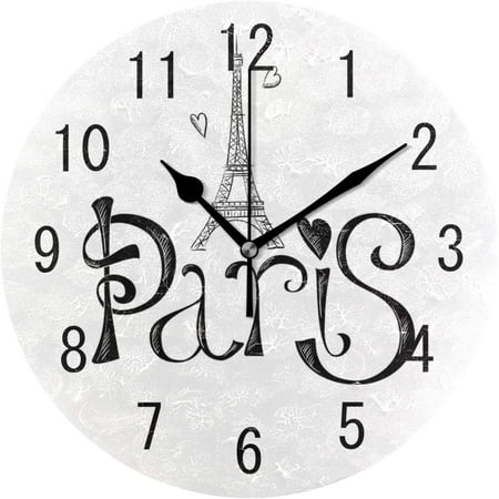 Wellsay Home Decor White and Black Paris Eiffel Tower France Round Acrylic 9.5 Inch Wall Clock Non Ticking Silent Clock Art for Living Room Kitchen Bedroom