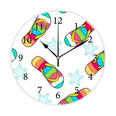 Wellsay Round Wall Clock, Flip Flop Seamless Pattern 10in Battery Operated Quartz Analog Quiet Desk Clock for Home,Kitchen,Office,School