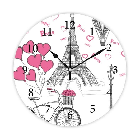 Wellsay Round Wall Clock, Set of Hand Drawn French Icons 10in Battery Operated Quartz Analog Quiet Desk Clock for Home,Kitchen,Office,School