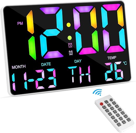 Welltop Digital Wall Clock Large Display, 11.5 Large LED Digital Wall Clock with RGB Colors Changing Remote Control, Auto Brightness Alarm Clock with Night Lights Calendar Temperature Snooze 12/24 H