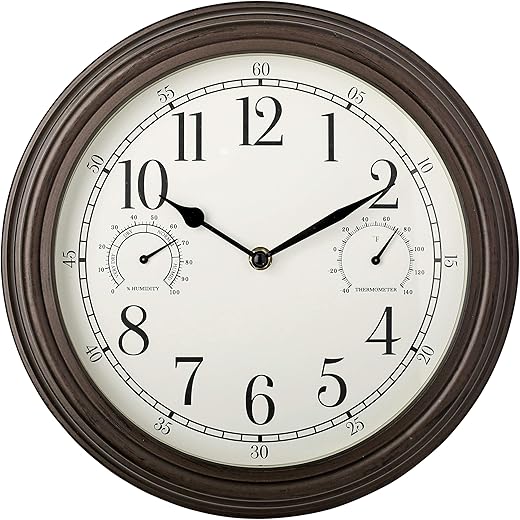 Westclox 12" Indoor/Outdoor Wall Clock, Weather-Resistant, Temperature & Humidity Dials, Quartz, Battery Operated - Bronze