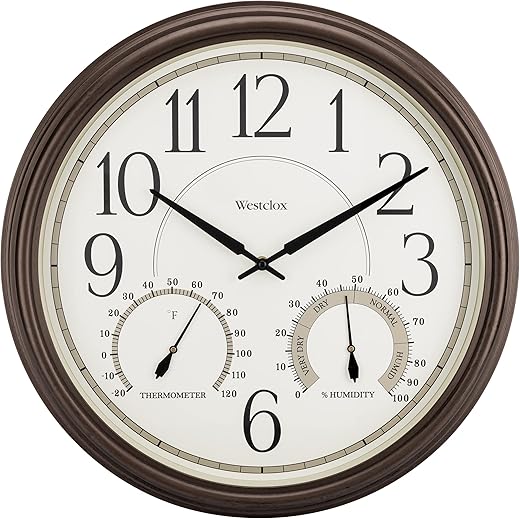 Westclox Clocks 20” Indoor/Outdoor Wall Clock with Temperature and Humidity Display