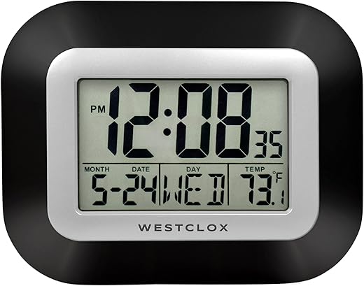 Westclox Large Digital Wall Clock Battery Operated with Temperature Date and Day of Week with Alarm | Modern Digital Desk Clock for Office Kitchen Bedroom or Living Room | Black