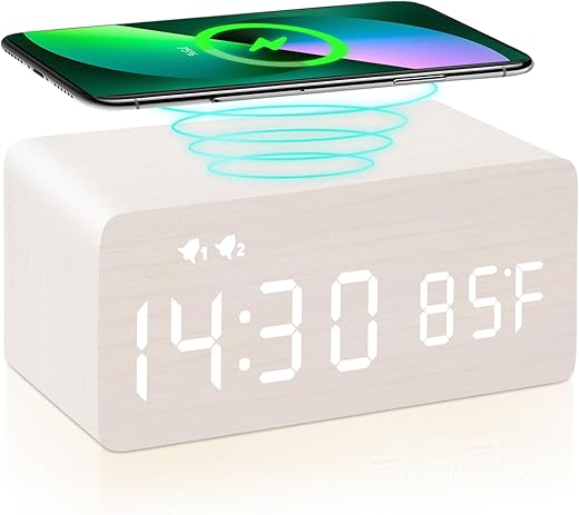 White Wooden Digital Alarm Clock for Bedroom, Bedside, Desk, Table, Phone Charger Clock with Wireless Charging, Dimmable, LED Temperature Display etc