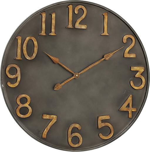 WHW Whole House Worlds Industrial Modern Wall Clock, Pewter Grey Metal, Antique Gold Numerals, Quartz Movement, 30 Inches Diameter, Oversized