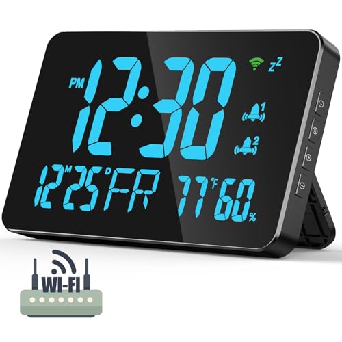 WiFi Clock, Atomic Clock, Automatic Time Calibration, with Clock Zone Temperature Humidity, Date, Day of Week, Adjustable Brightness, with Smart Life APP, Blue Color