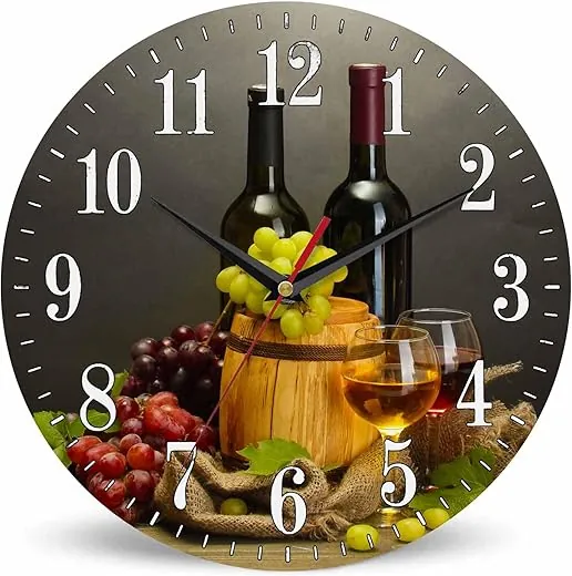 Wine Cheese Barrel Wall Clock Ripe Grapes Wine Bottles Glasses Wooden Table 10 Inch Silent Non Ticking Battery Operated Clock Vintage Round Clock for Living Room Bedroom Bathroom Office Decor