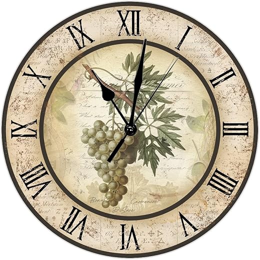 Winery Wooden Wall Clock French Country Style Kitchen Wall Clock Grape Wine 12 Inch Wall Clocks Battery Operated Silent Shabby Chic Wall Decor Home Decor for Living Room Bedroom Office