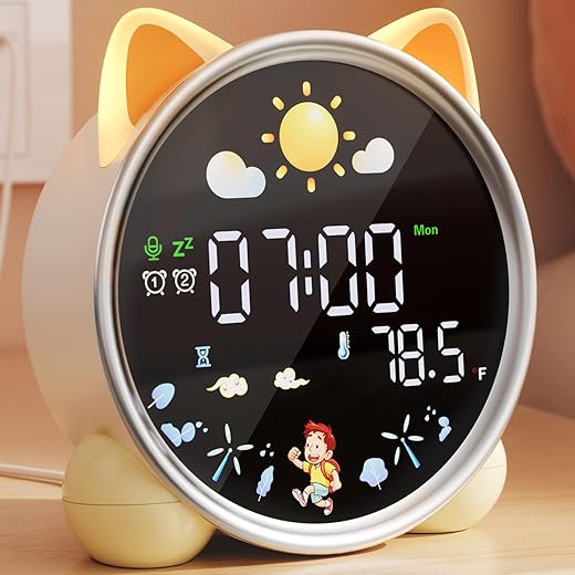 winshine Alarm Clock for Kids, OK to Wake Kids Alarm Clock, 5 Colors RGBW Night Light Dual Alarm Toddler Sleep Training Clock Stay-in-Bed Clock, Cute Clock Birthday Gift for Teen Boys Girls (Cat)…