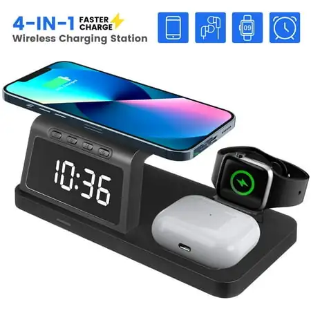 Wireless Charger,3 in 1 Fast Charging Station with Digital Alarm Clock and Night Light,Compatible for iPhone and More