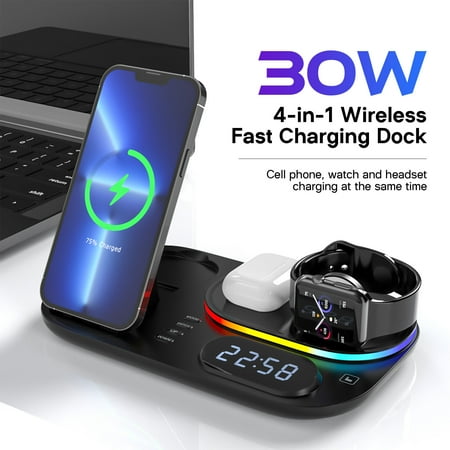 Wireless Charger, 4 in 1 Wireless Charging Station with LED Night Light, Digital Clock, Alarm Clock, Compatible with Apple Phone Earphone Watch