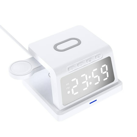 Wireless Charging Station,15W Wireless Charging Alarm Clock,5W Watch Charger, High-Definition Display,Timed Alarm Clock, USB Charging Port,for iPhone/Apple Watch(White)