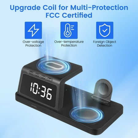 Wireless Charging Station, 4 in 1 Wireless Charger Stand with Alarm Clock, Charging Dock for 14/13/12/11/Pro/Max/XR/XS/X/ Phone, Watch 8/7/6/5/SE, Pro/3/2/1