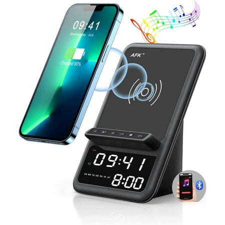 Wireless Charging Station with Bluetooth Speaker and Alarm Clock, 4 in 1 Wireless Charger Compatible with iPhone15 14