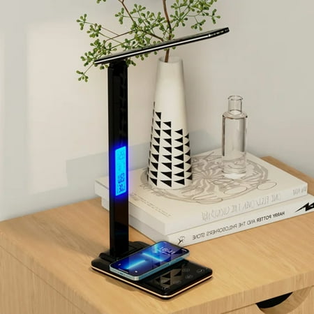 Wireless Charging USB LED Desk Lamp with Alarm Clock Calendar Temperature Display - Eye Protection Study Reading Business Table Light