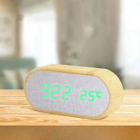 WJSXC Kitchen Gadgets Digital Alarm Clock Round Wooden Desk Clocks with 4 Alarms Sound Control50-100% Dimmer LED Electronic Clock for Bedroom Table Bedside Decor Green