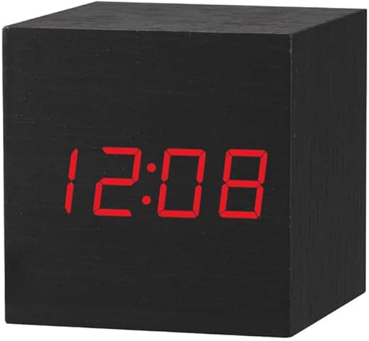 Wooden Alarm Clocks Digital LED Display with Voice Control Temperature Date Time 60mm Cube Aesthetic Electric Clock for Bedroom Desktop Office Bed Travel Art Decoration Black