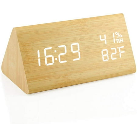 Wooden Alarm Clock, Wood LED Digital Desk Clock, Upgraded with Time Temperature, Adjustable Brightness and Voice Control, Humidity Displaying