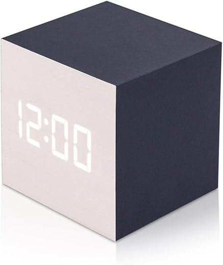 Wooden Alarm Clock Wood LED Square Cube Digital Thermometer Timer Calendar Brighter LED-Blue