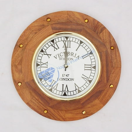 Wooden Circular Clock Fitted Base (White Roman Dial - Victoria Station 1747 London) - Brass Rivet (10 x 10)