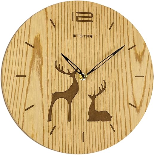 Wooden Deer Clocks for Living Room Decorative Round Wall Clock Battery Operated Silent Non Ticking Rustic Vintage Elk Moose Decor Time Clock for Kitchen Bar Home Office Cabin Large 12''