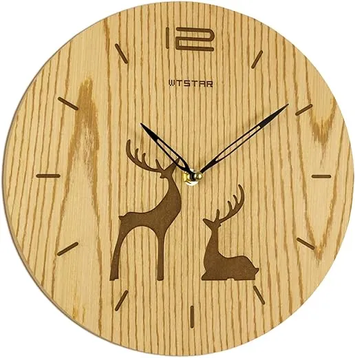 Wooden Deer Clocks for Living Room Decorative Round Wall Clock Battery Operated Silent Non Ticking Rustic Vintage Elk Moose Decor Time Clock for Kitchen Bar Home Office Cabin Large 12''