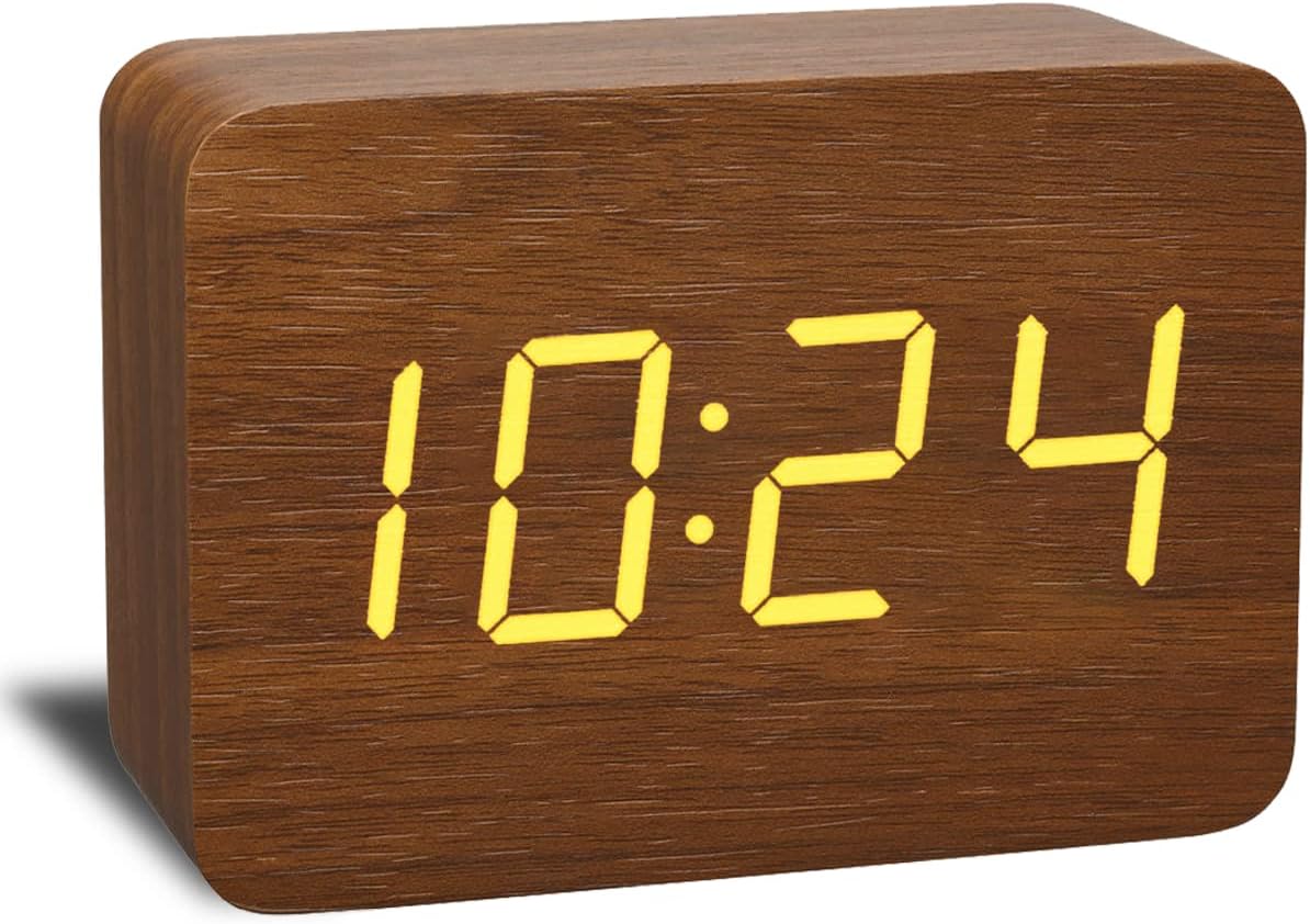 Wooden Digital Alarm Clock Electronic LED Time Display,4 Level Adjustable Brightness and Voice Control, Display Time Temperature Date for Bedroom Office Kids and Families,Brown