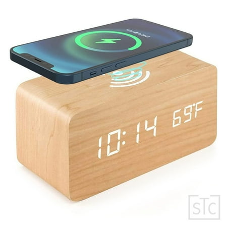 Wooden Digital Alarm Clock with Wireless Charging Pad for Bedroom, Sound Control Function, Time, Date, and Temperature