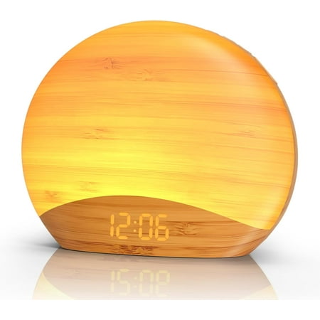 Wood Grain Sunrise Alarm Clock and Sound Machine Nightlight, Digital Dimmable Clock for Bedroom, 26 Sleep Sounds, White Noise Machine for Baby, Adults, Wake Up Light Alarm Clock for Kids