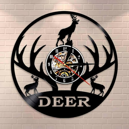 Woodland Deer Wall Clock Hunter Clock Deer Head Deer Antlers Hunting Vinyl Record Clock Animal Art Handmade Hunting Lovers Gift