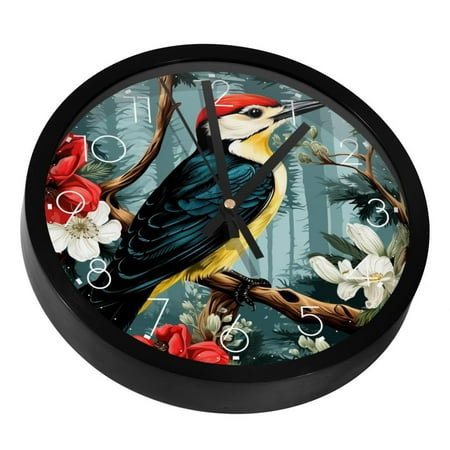 Woodpecker Bird on Red Berries Branch Silent Wall Clock, Non Ticking Battery Operated 9.8 Inch Wall Clocks for Bedroom Kitchen Home Office School Art Decor