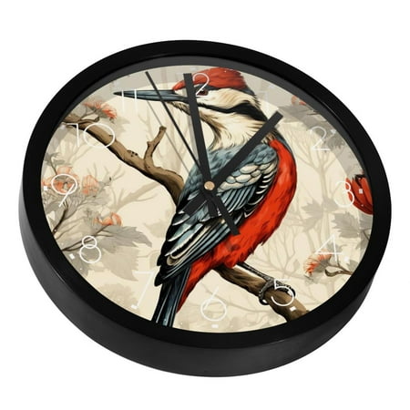 Woodpecker Bird on Red Berries Branch Silent Wall Clock, Non Ticking Battery Operated 9.8 Inch Wall Clocks for Bedroom Kitchen Home Office School Art Decor